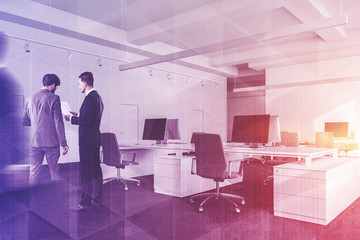 People in white open space office corner