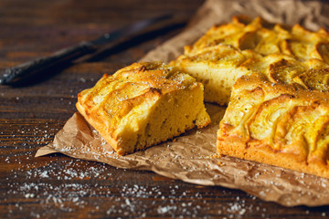 Homemade rustic apple pie on a wooden old vintage table. Dark background. Seasonal bakery concept.