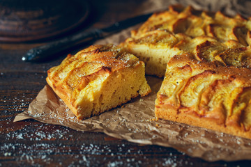 Homemade rustic apple pie on a wooden old vintage table. Dark background.