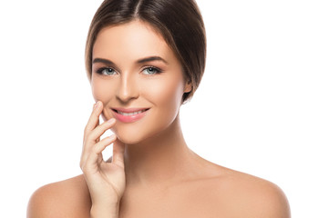 Portrait of young beautiful woman on white background