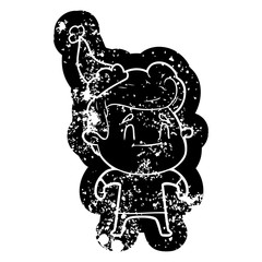 happy cartoon distressed icon of a man wearing santa hat
