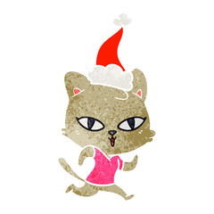 retro cartoon of a cat out for a run wearing santa hat