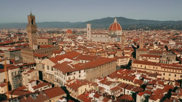 Aerial view of main landmark of Florence, the Cathedral or Cattedrale di Santa Maria del Fiore. Italy