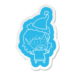 cartoon  sticker of a shocked elf girl wearing santa hat