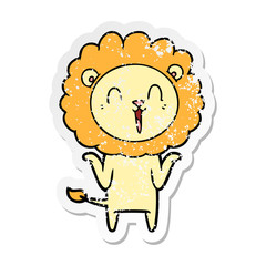 distressed sticker of a laughing lion cartoon shrugging shoulders