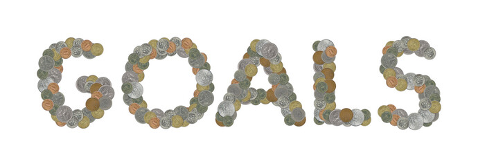 GOALS word with stack of coins on white background