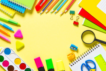 School and office sstationery on yellow background. 