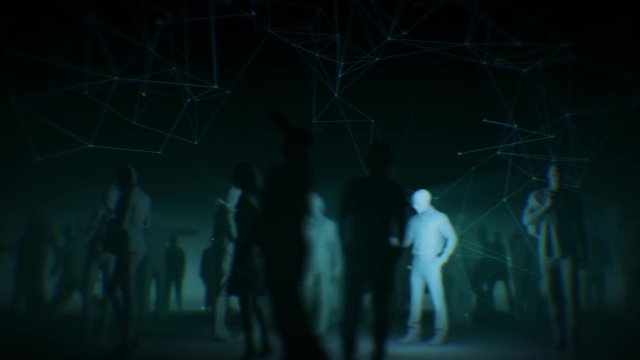 Spread of the corona virus in the population. Dark environment with illuminated 3D figures using the mobile phone and statistical diagrams. - Powered by Adobe