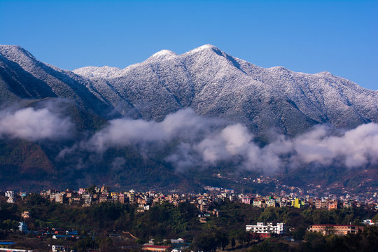 Snow covered chandragiri hill and kritipur city majestic view, 28 Feb, 2019 Kathmandu Nepal