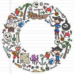 Vector set of pirates children's drawings icons in doodle style. Painted, colorful, pictures on a piece of linear paper on white background.