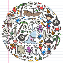 Vector set of pirates children's drawings icons in doodle style. Painted, colorful, pictures on a piece of linear paper on white background.