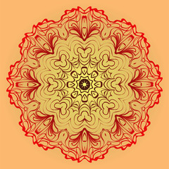 Hand-Drawn Ethnic Mandala. Circle Lace Ornament. Vector Illustration. For Coloring Book, Greeting Card, Invitation, Tattoo. Red, orange sunrise color