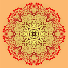 Hand-Drawn Ethnic Mandala. Circle Lace Ornament. Vector Illustration. For Coloring Book, Greeting Card, Invitation, Tattoo. Red, orange sunrise color