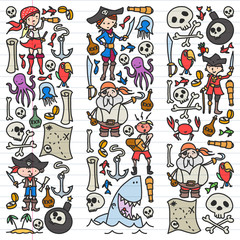 Vector set of pirates children's drawings icons in doodle style. Painted, colorful, pictures on a piece of linear paper on white background.