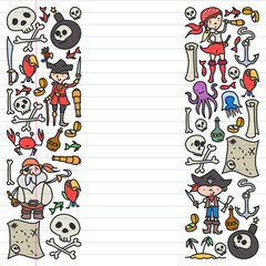 Vector set of pirates children's drawings icons in doodle style. Painted, colorful, pictures on a piece of linear paper on white background.