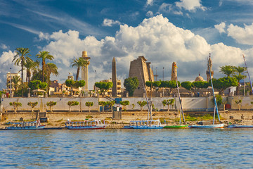 River Nile Luxor Egypt, Beautiful yellow sunny background - obrazy, fototapety, plakaty