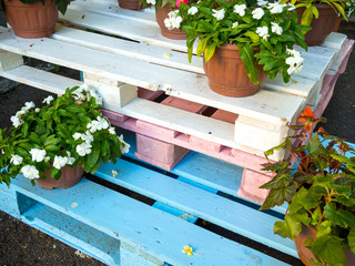 Flower stand made of painted wooden pallets