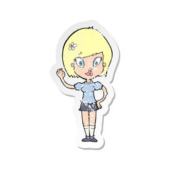 retro distressed sticker of a cartoon pretty girl waving