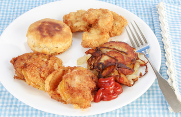 High Cholesterol Meal of Fried Green Tomatoes with Chicken and Home Fries