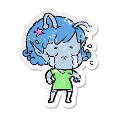 distressed sticker of a cartoon crying alien girl