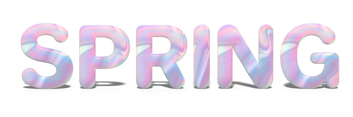 Word SPRING in realistic shiny letters, bright holographic design. Abstract shiny font on neon blue pink colors, isolated white background. 3d rendering