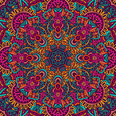 Conception sans couture ethnique indienne tribale. Motif de fleur de mandala coloré festif