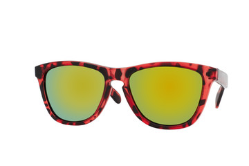 Red sunglasses with a print like a leopard and Green Lens isolated on white background