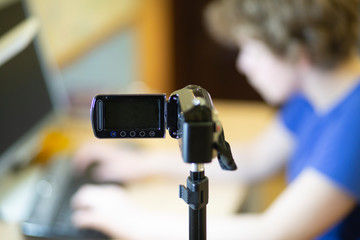 Education video blog filming backstage concept. Creating video tutorials. Social network activity. 