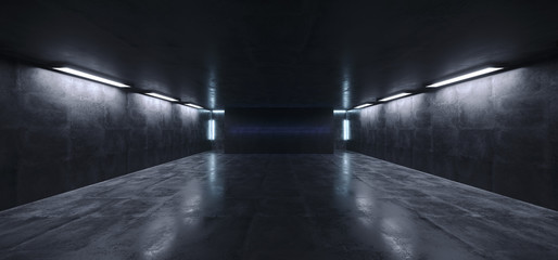 Sci Fi Futuristic Concrete Grunge Reflective Spaceship Led Laser Panel Stage Metal Structure Lights Long Hall Room Corridor Tunnel Dark Empty 3D Rendering