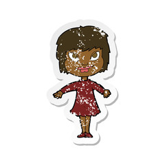 retro distressed sticker of a cartoon girl shrugging shoulders