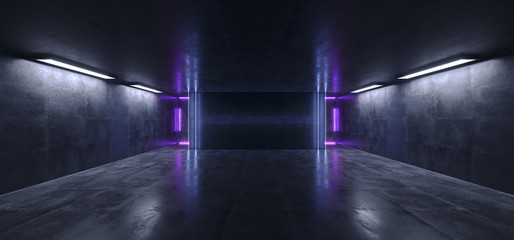 Neon Glowing Fluorescent Vibrant Purple Blue Empty Stage Studio Club Dance Room Reflections Concrete Grunge Sci Fi Futuristic Tunnel Hall Ultraviolet 3D Rendering