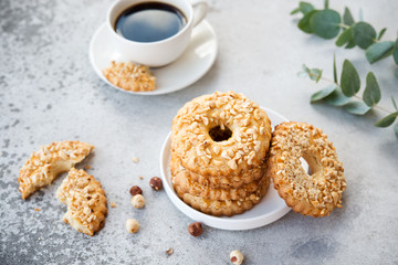 Shortbread rings with nuts. Homemade cake.