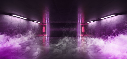 Smoke Neon Glowing Fluorescent Vibrant Purple Blue Empty Stage Studio Club Dance Room Reflections Concrete Grunge Sci Fi Futuristic Tunnel Hall Ultraviolet 3D Rendering