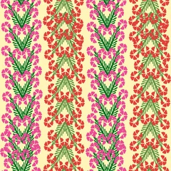 Poster bloemenornament van groene bladeren met violette en rode bloemen op een roze achtergrond © dnapslvsk