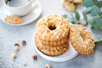 Shortbread rings with nuts. Homemade cake.
