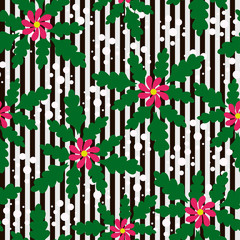 pink flower with green leaves on a black and white linear background with dots 