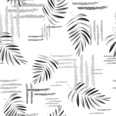 Fototapeta na wymiar Black and white seamless pattern. backdrop print.Tropical leaves and geometric shapes on a light background.Vector. Eps10.