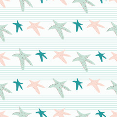 Seamless illustrated sea star pinstripe design creates a pretty beach themed pattern. Great for tropical wedding invitations, resort stationery, summer textiles and gift wrapping paper. Vector.