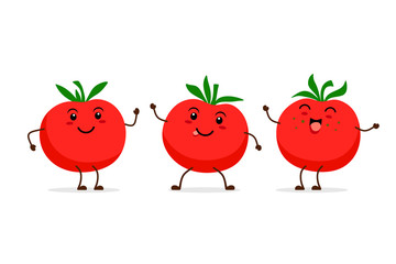 Funny and cute tomatoes in kawaii style on a white background