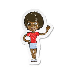 retro distressed sticker of a cartoon woman waving