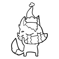 line drawing of a crying wolf wearing santa hat