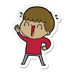 sticker of a laughing cartoon man waving