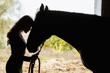 young woman with horse in stable silhouetted with the grass and farm behind her