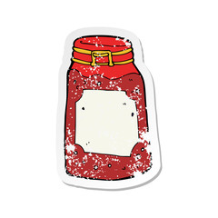 retro distressed sticker of a cartoon jar of jam