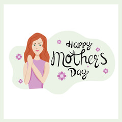 Mother's day illustration with young woman,flowers and typography.