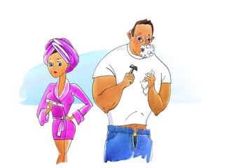Positive pregnancy test. Girl and man in the bathroom. Humorous watercolor illustration