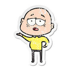distressed sticker of a cartoon tired bald man