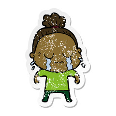 distressed sticker of a cartoon crying old lady