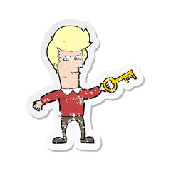 retro distressed sticker of a cartoon man with key