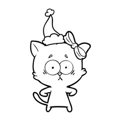 line drawing of a cat wearing santa hat